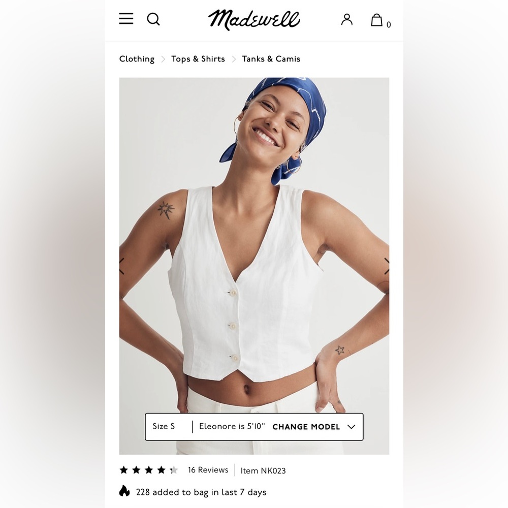 NWT Madewell 100% Linen Katrina Crop Vest Top